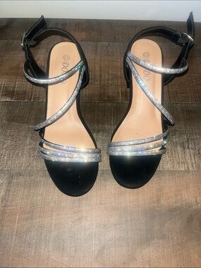 -Brand Black Satin Sandals with Silver Crystal Straps